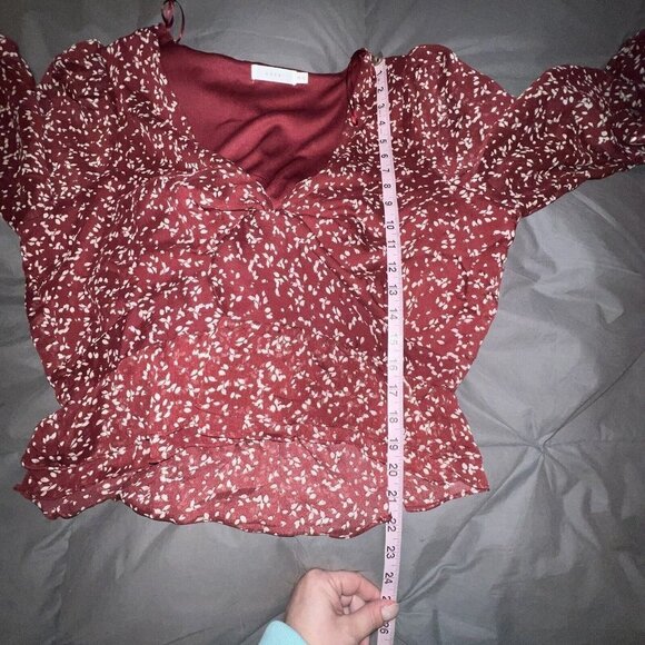 Lush Long Sleeve V-Neck Cropped Blouse - Brick Red Cream Floral Ruffled Size XXL - Picture 7 of 10